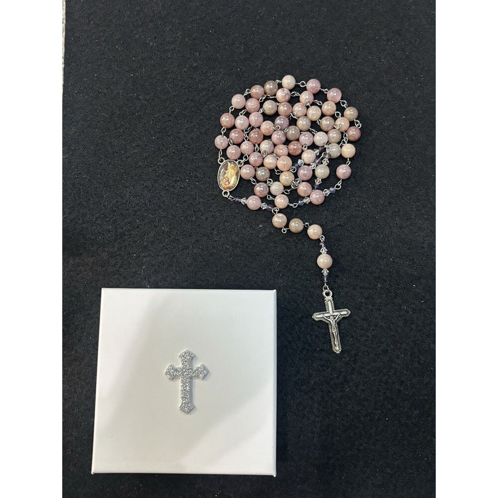 Handmade Iridescent Rose Pink Guardian Angel Catholic Rosary With Gift Box